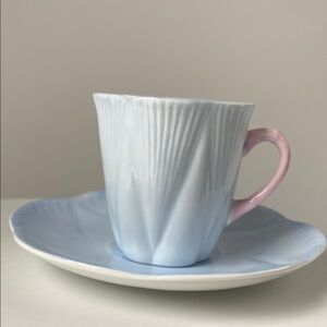 Shelley  Dainty Pale Blue with Pink Handle Demitasse Cup and Saucer